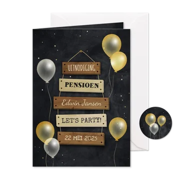 Uitnodiging pensioen bordjes met feestelijke ballonnen